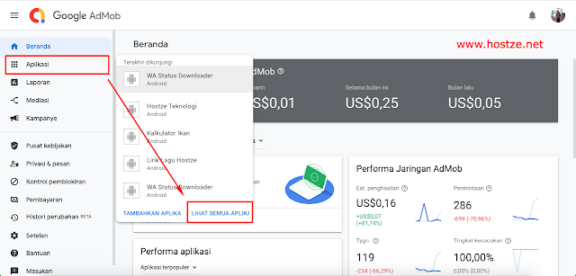 Dashboard Admob untuk melihat semua aplikasi - hostze.net