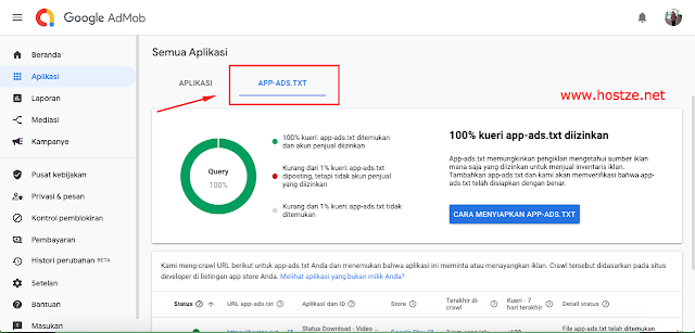 Tab Admob untuk melihat aplikasi APP-ADS.TXT - hostze.net