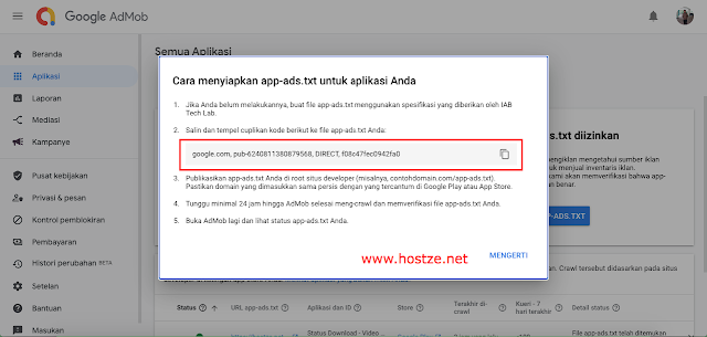 Menyiapkan APP-ADS.TXT untuk di salin ke ads.txt kustom Ads.txt Blogger - hostze.net