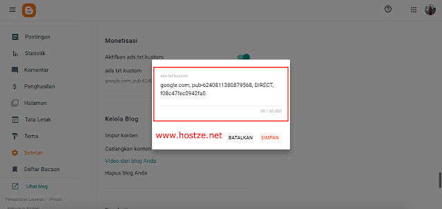 Tampilan ADS.TXT Kustom di Blogger yang udah di salin - hostze.net